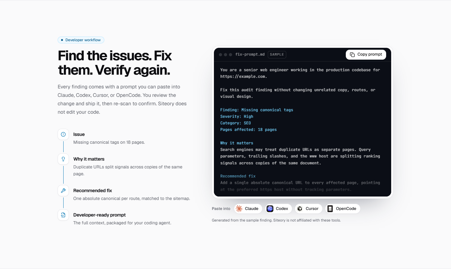 Every finding comes with a fix prompt for a coding agent